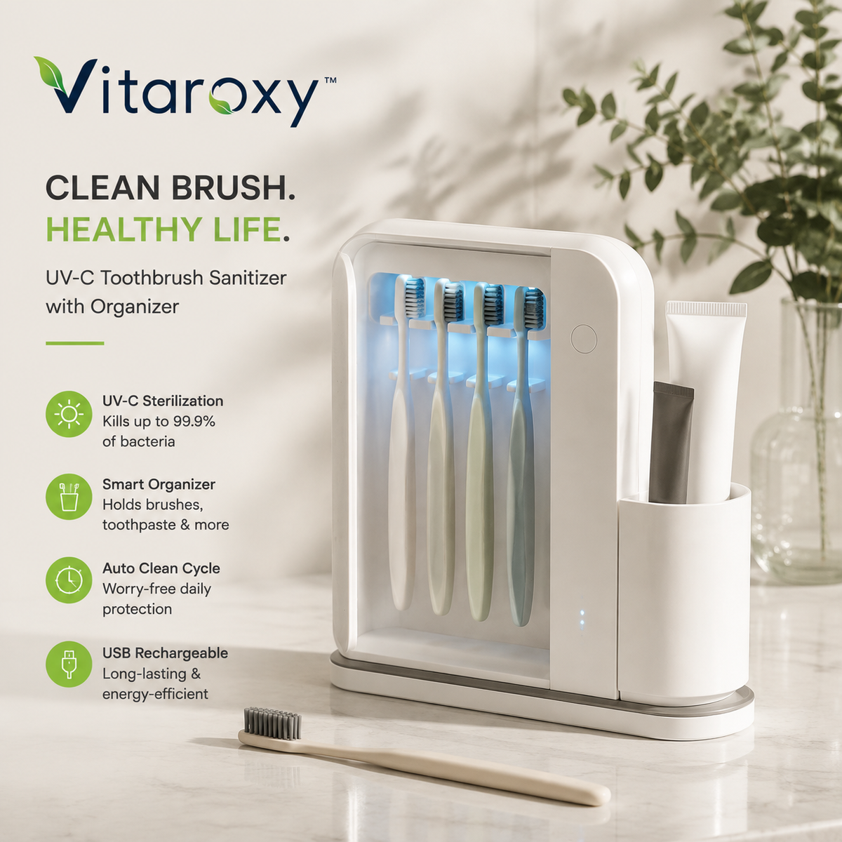 Vitaroxy™ CleanBrush UV-C Toothbrush Sanitizer & Bathroom Organizer